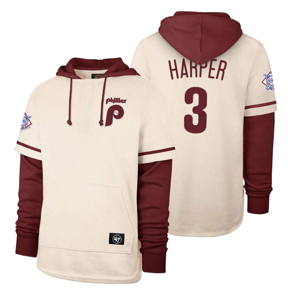 Men Philadelphia Phillies #3 Harper Cream 2021 Pullover Hoodie MLB Jersey